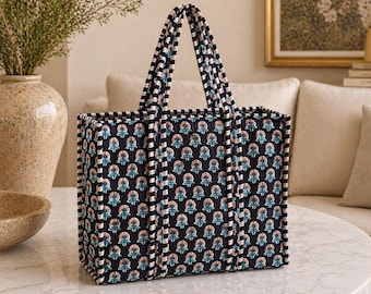 Block printed  design Quilted cotton tote bag without zip