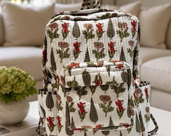 Quilted Floral Cotton Backpack, Lightweight Travel School Bag