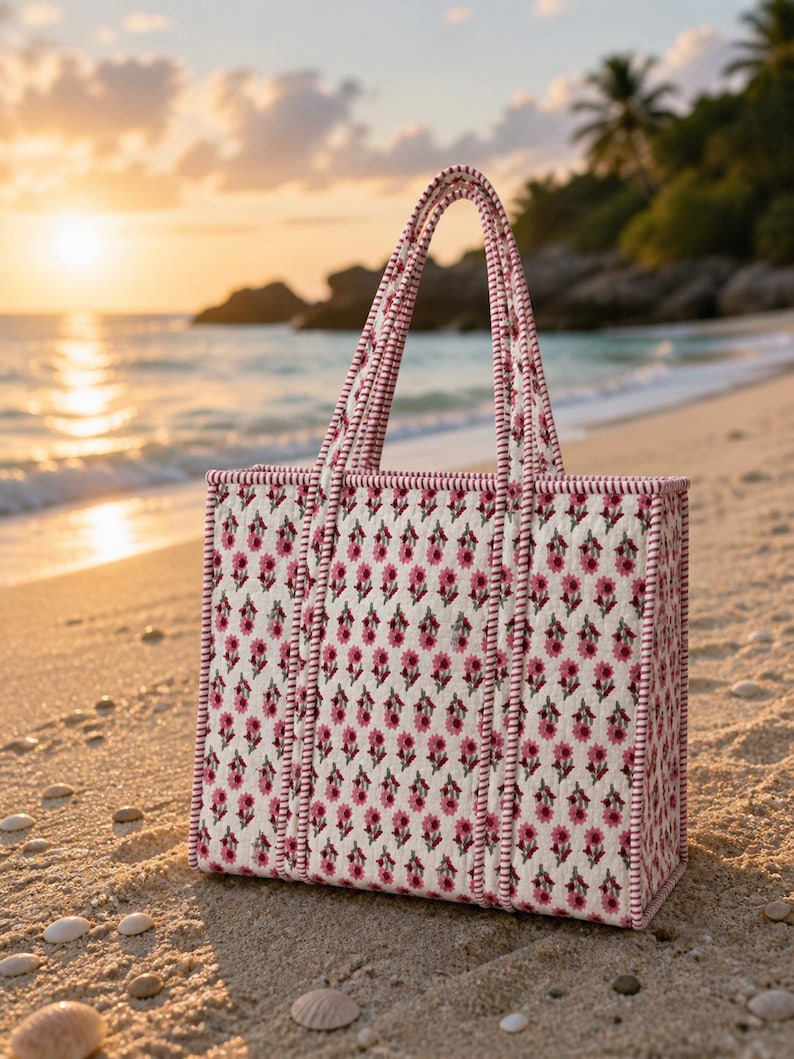 May include: A rectangular tote bag with a floral pattern in pink and white, set against a beach backdrop. The bag has matching pink handles and trim, and is sitting on the sand near the water.