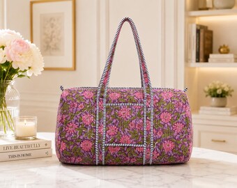 Block printed Indian Quilted cotton duffle  bag