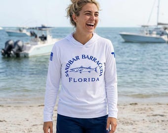 サンドバー・バラクーダ ブルー UPF フーディー スポーツパーカー | フロリダ フィッシング フード付きシャツ