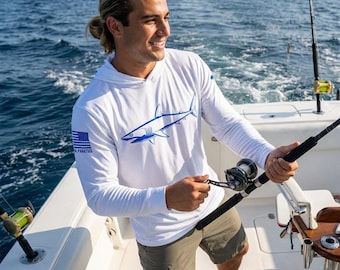 Sudadera con capucha de pesca Mako Shark blanca con protección UPF / Sudadera con capucha para pesca y natación en Florida