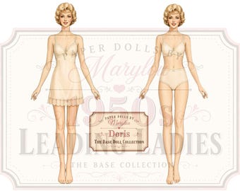 Muñeca de papel Doris - Mujeres destacadas de los años 50 - Muñeca base imprimible con funda - Descarga digital