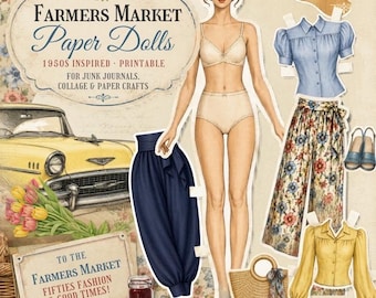 Muñeca de papel "Al mercado de agricultores" – Moda retro de los años 50, efímeros de diarios de recortes (descarga instantánea)