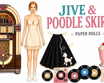 Muñecas de papel con falda de caniche estilo años 50 – Artículos de moda retro (Descarga instantánea)