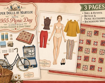 Muñeca de papel del Día de Picnic de 1955 – Moda retro de los años 50, artículos de colección (descarga instantánea)