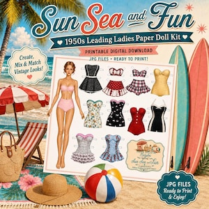 Sol, hav och roliga pappersdockor | Utskrivbar vintage pappersdocka | Strandaccessoarer från 1950-talet | Utskrivbar skräpjournal