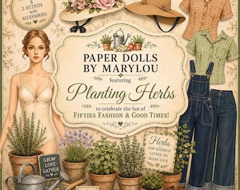 Salgamos al jardín: moda retro de los años 50, recuerdos de diarios de papel / Muñecas de papel de Marylou / (Descarga digital)