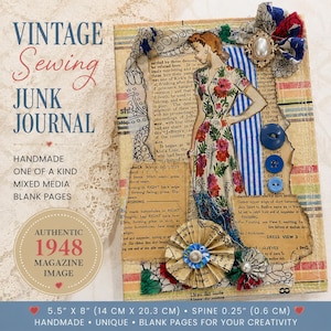 May include: A mixed media junk journal featuring a 1948 magazine illustration of a person in a floral dress. The cover includes fabric scraps, a faux pearl brooch, three blue buttons, and paper rosettes. It measures 14 cm by 20.3 cm.