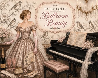 Muñeca de papel de belleza de salón de baile – Moda retro de los años 50, efímeros de diarios de recortes (descarga instantánea)