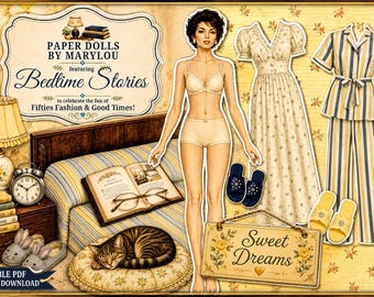 Cuentos para dormir – Kit imprimible de muñecas de papel de los años 50 / Dormitorio vintage / Descarga digital / Material para diario creativo