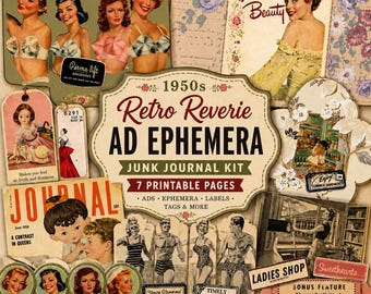 Recuerdos retro de los años 50: Material publicitario efímero - Kit para diario digital de estilo junk journal