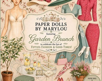 Muñeca de papel "Brunch en el jardín" – Moda retro de los años 50, efímeros de diarios de recortes (descarga instantánea)