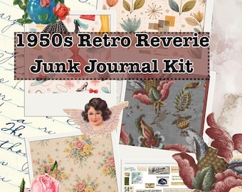 Ensoñación retro de los años 50: kit de diario digital basura con folio, bolsillos, etiquetas y páginas