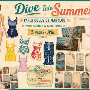 Bonecas de Papel para Imprimir | Boneca de Papel Vintage | Acessórios de Praia dos Anos 50 | Imprimível para Diário de Arte