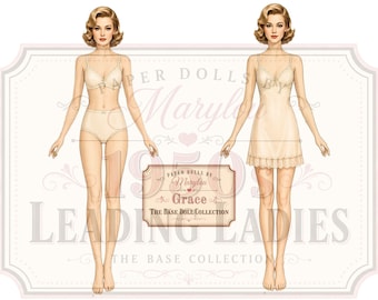 Muñeca de papel Grace - Mujeres destacadas de los años 50 - Muñeca base imprimible con funda - Descarga digital