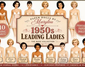 Paper Doll 1950s Leading Ladies - Printable Base Doll Bundle - Digital Download