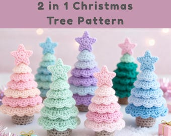 Op de afbeelding: Een verzameling kleurrijke, gehaakte kerstbomen met sterren. De bomen zijn in verschillende pasteltinten, waaronder roze, blauw, groen en paars. De tekst "2 in 1 Christmas Tree Pattern" staat bovenaan de afbeelding.