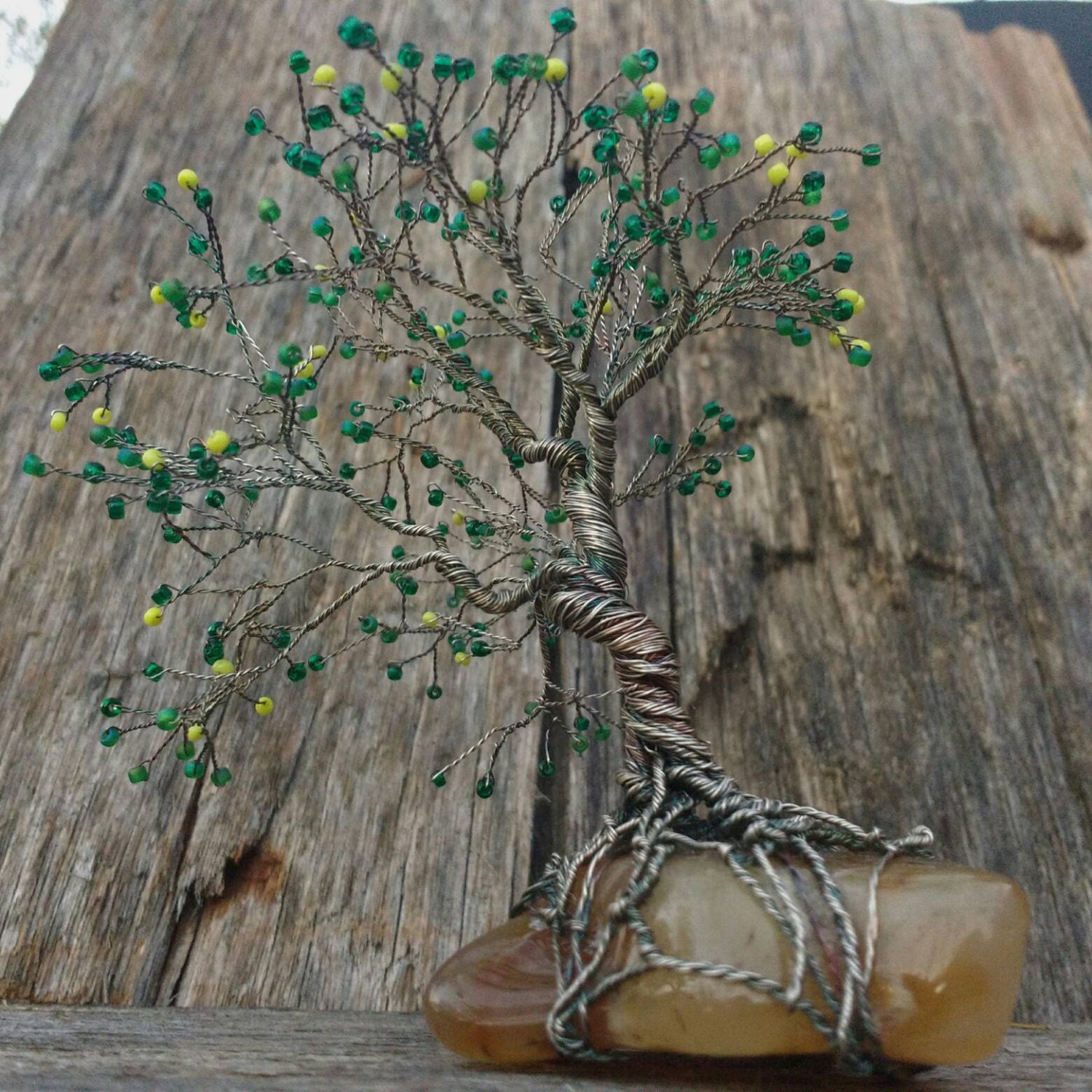 Fine silver wire bonsai tree green & yellow seed bead leaves