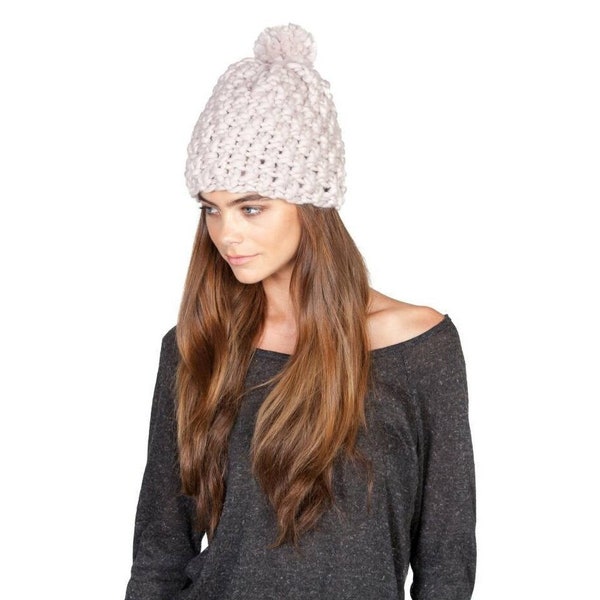 Snow Day Hat w XL Pom: Extra chunky pure wool hand-knit pom hat in blush, mauve, plum, yellow, salmon, sky, aqua, denim or lead