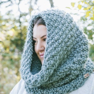 Deep Freeze Snood: Lead blue pure wool hand-knit snood, infinity scarf, and cowl. Extra large, chunky and cozy.