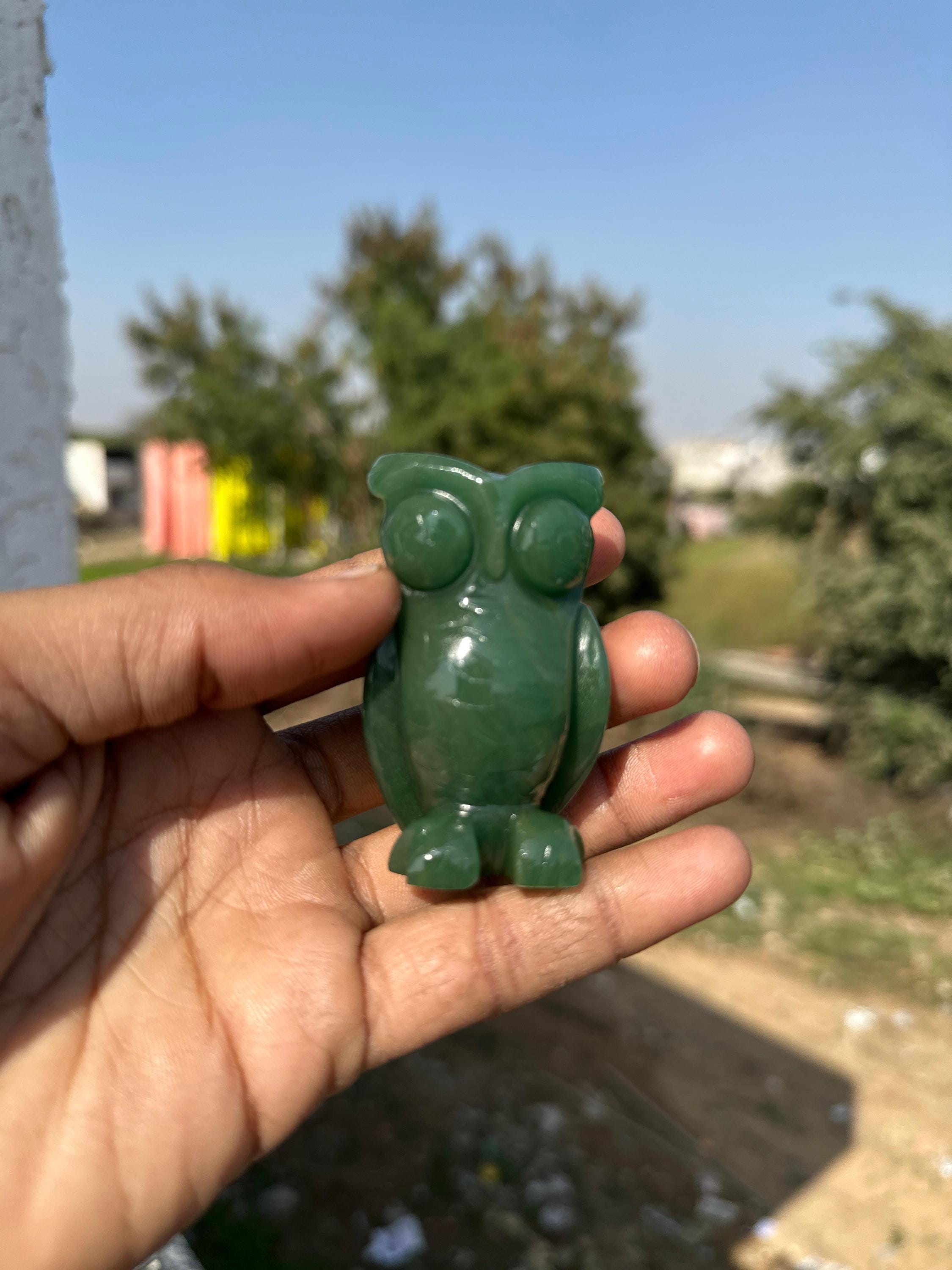 Hand Carved Australian Jade Owl Figurine, Natural Stone Carving