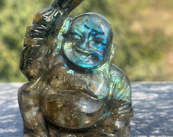 Labradorite Laughing Buddha | Gemstone Crystal Carving, Art Deco Decor