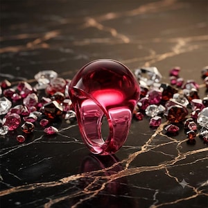 May include: A translucent, deep red ring with a smooth, rounded, bulbous top and a thick band. The ring is surrounded by a scattering of small, faceted, clear and dark red gemstone-like pieces that reflect light across the surface.