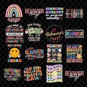 May include: A collection of colorful graphic designs with the words "Behavior Analyst" in various fonts and styles. Some designs include rainbows, smiley faces, and other illustrations. The designs are on a black background.