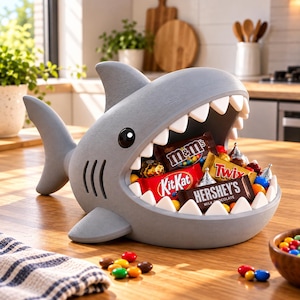 Könnte beinhalten: Eine graue Schale in Haiform mit weit geöffnetem Maul, gefüllt mit verschiedenen Schokoriegeln wie M&M's, KitKat, Twix und Hershey's. Der Hai hat eine matte Oberfläche, eine Rückenflosse, Seitenflossen und weiße Zähne im offenen Kiefer.
