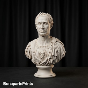 May include: A cream-colored bust of Julius Caesar wearing a laurel wreath and a breastplate adorned with a Gorgon head emblem. The sculpture features detailed facial features and draped fabric over the shoulders, resting on a circular pedestal base.