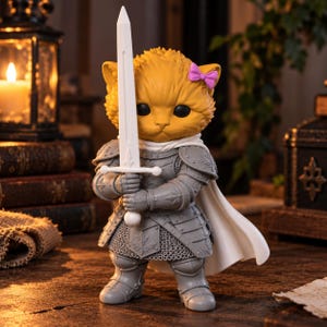 May include: A stylised orange cat figurine wearing detailed grey plate armour and a white cape. The cat has large black eyes, a small pink bow on its left ear, and is holding a long, straight white sword with both paws in a vertical position.