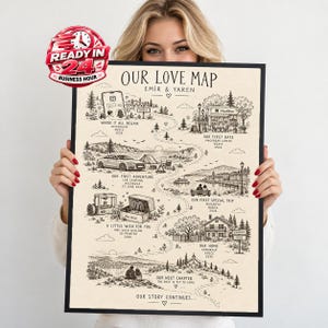 Puede incluir: Una lámina rectangular enmarcada titulada Our Love Map con ilustraciones en tinta negra sobre un fondo crema. El mapa muestra un camino sinuoso que conecta varios hitos marcados con nombres, fechas y ubicaciones como Duzce y Bursa.