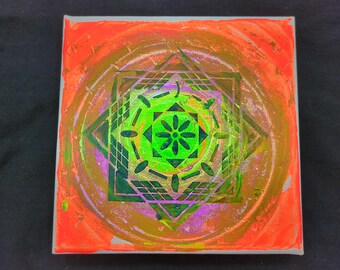 Geometric Mandala Painting: Neon Green & Orange Acrylic Canvas Art