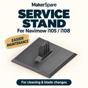 May include: A black MakerSpare service stand for Navimow i105 and i108 robotic mowers. The square base features a central raised mounting bracket. Text on the image reads MakerSpare SERVICE STAND For Navimow i105 / i108, EASIER MAINTENANCE, and For cleaning & blade changes.