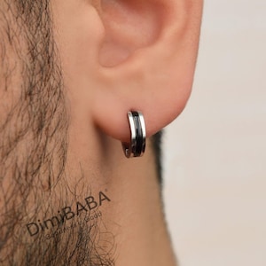 Orecchini a cerchio in acciaio da uomo, neri e argento, ipoallergenici e antiossidante