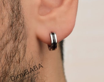 Orecchini a cerchio in acciaio da uomo, neri e argento, ipoallergenici e antiossidante