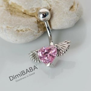 Heart Pink Angel Wing Belly Button Ring, Navel Piercing, Curved Barbell, Bar