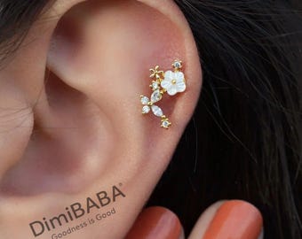 6mm Magnolia Flower Cartilage Earring for Helix & Tragus, Gold, Silver or Rose, Single
