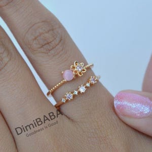 Flower Pink Adjustable Ring, Stacking Vintage Dainty Womens Rings, Gold Hypoallergenic Non Tarnish