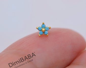 8mm Flower Nose Stud, Gold or Silver, Single