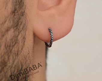 Mens Stainless Steel Hoop Earring, 10mm Huggie, Vintage Finish