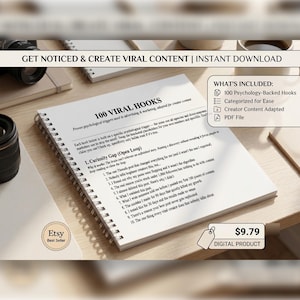 May include: A spiral-bound document titled 100 VIRAL HOOKS featuring a list of psychological triggers for content creation. The text includes sections on Curiosity Gap and numbered points. A sidebar lists inclusions like 100 Psychology-Backed Hooks.