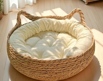 Woven Cat Bed: Natural Cotton Nest with Warm Pad
