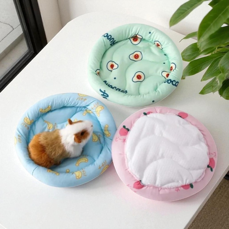 Puede incluir: Tres peque&ntilde;as camas redondas para mascotas en colores pastel. Una es azul claro con un conejillo de indias dentro, otra es verde menta con dise&ntilde;os de huevos fritos, y la &uacute;ltima es rosa con ilustraciones de melocotones. Las camas est&aacute;n dise&ntilde;adas para mascotas peque&ntilde;as.
