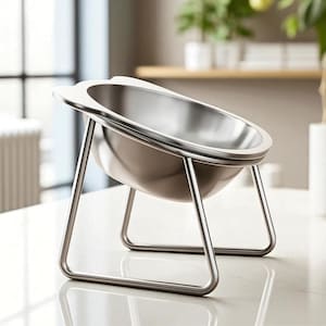 May include: A modern, stainless steel pet bowl with a rounded basin and a sleek, minimalist design. The bowl is supported by a three-legged, metal frame, creating an elevated feeding station. The bowl's polished surface reflects the surrounding light.