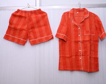 Handmade Red Striped Cotton Pajama Set — Women’s Cozy Sleepwear Top & Shorts”