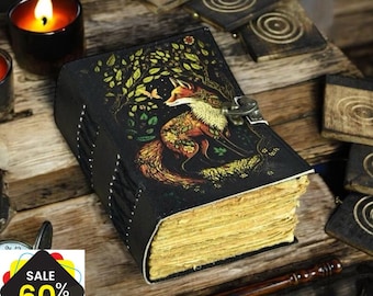 Diario Grimorio de Cuero Vintage: Libro Wiccano de las Sombras de 400 Páginas, Libro de Hechizos de Brujería del Zorro Celestial, Diario Oculto Gótico Pagano