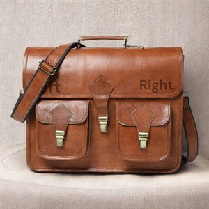 May include: A brown leather satchel with two front pockets and a top handle. The bag has a shoulder strap and metal clasps. The word "Left" is printed on the left side of the bag, and the word "Right" is printed on the right side.