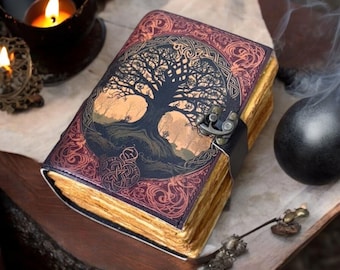 Diario de cuero Árbol de la Vida: Grimorio de las Sombras hecho a mano, libro de hechizos de brujería de 400 páginas, cuaderno gótico pagano wiccano vintage, regalo